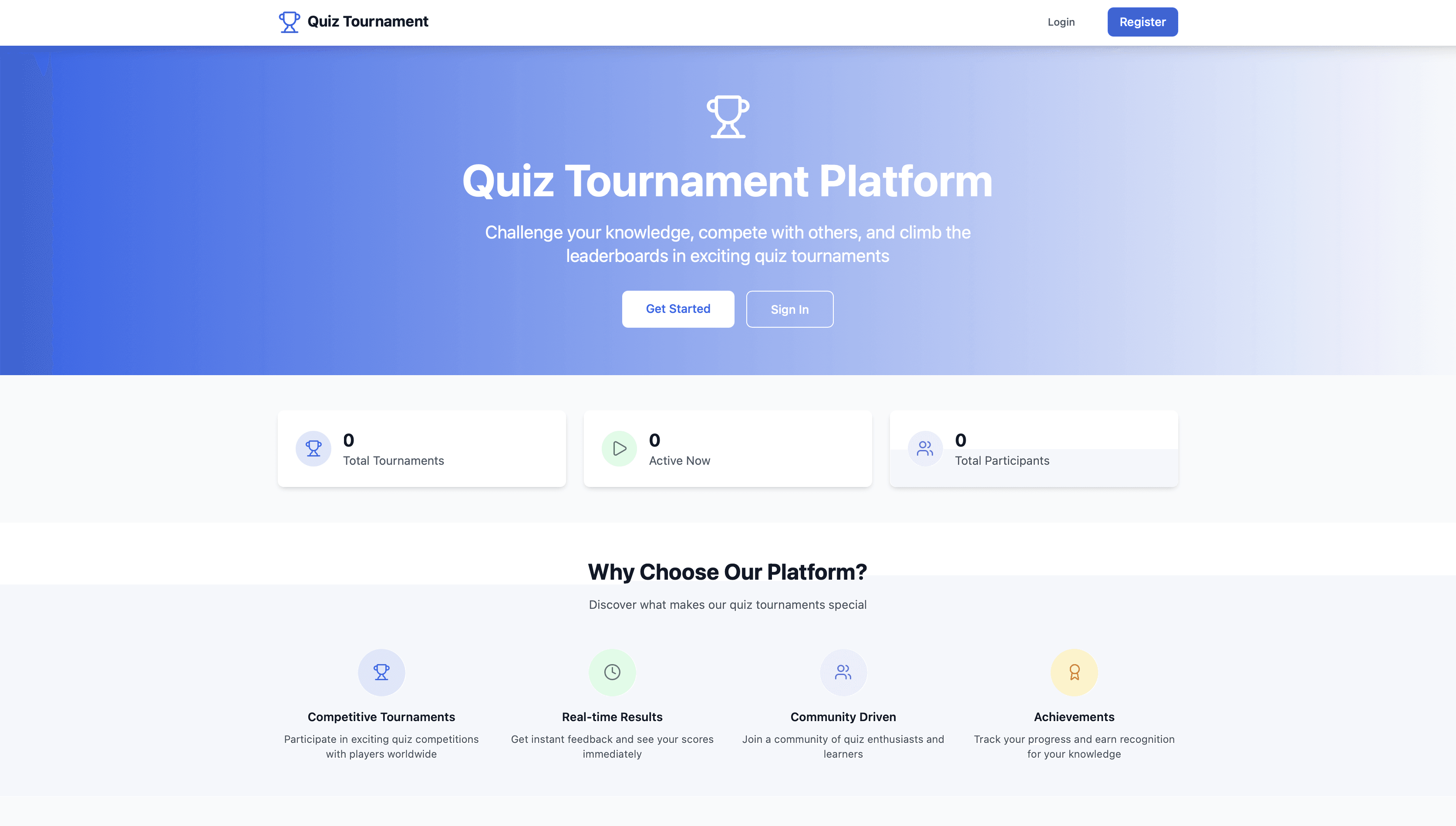 Quiz Tournament Platform application screenshot