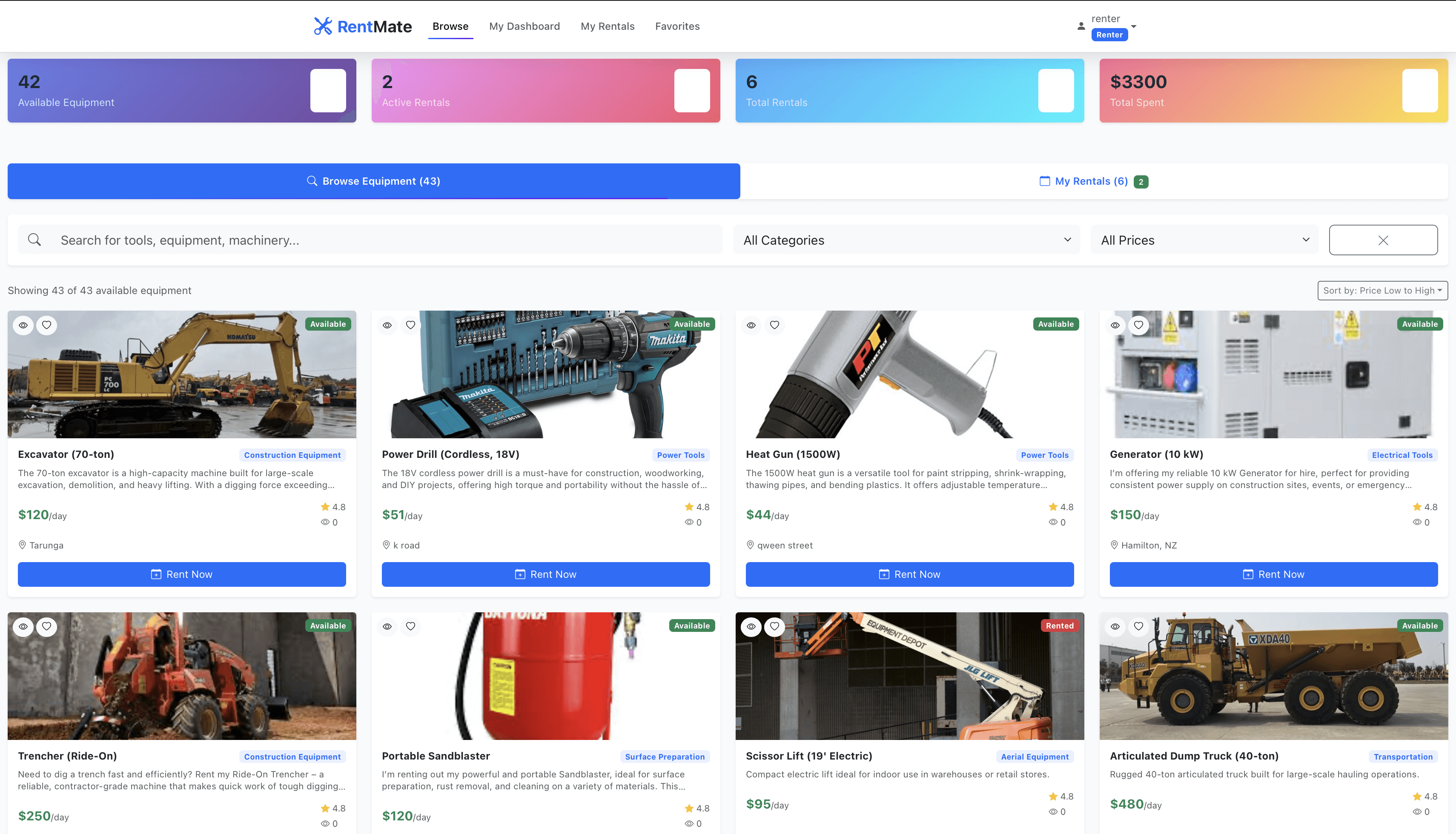 RentMate - Equipment Hiring Platform application screenshot